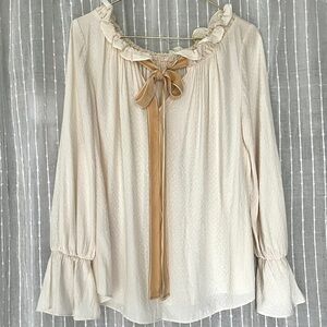 Jill Stuart Cream Jacquard Poet Blouse Ruffle Neck Velvet Tie • Romantic Size S